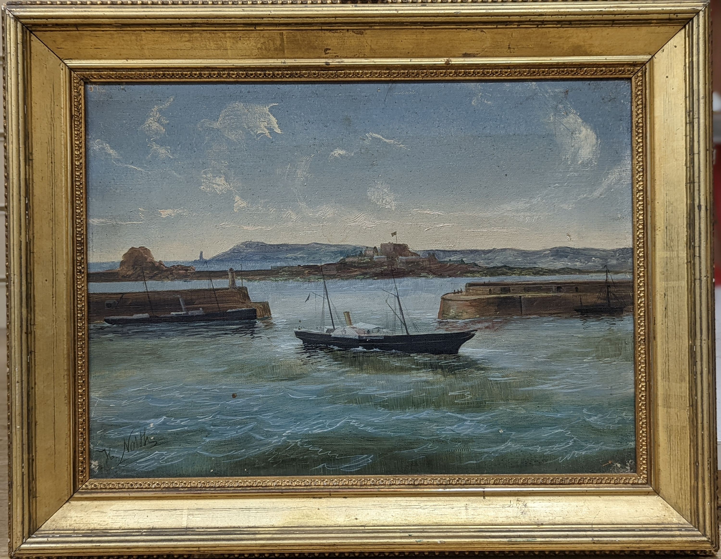 H. North (19thC), oil on canvas, Elizabeth Castle and The Pier Heads, Jersey, signed, 26 x 36cm